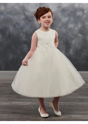Satin Tulle Tea Length Corset Back 3D Flowers Flower Girl Dress